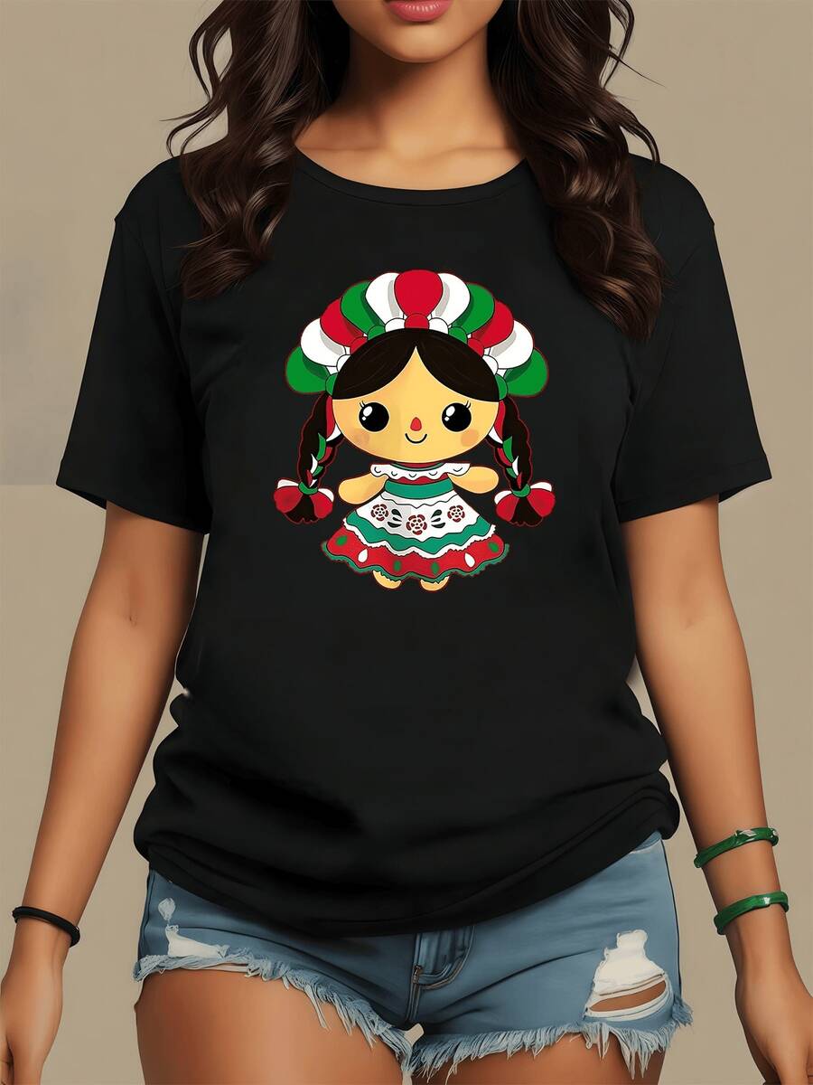 Traditional Doll With Braids And Colorful Dress Representing The Joy Of Mexican And Feminine Strength; Comfortable Casual Women's T-Shirt For Modern Everyday Wear - 黑色 - 查看 1