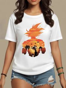 Luminous Sunset Over The Sea Reflecting Silhouettes Of Palm Trees And A Traveler With Their Companion Against The Golden Horizon, A Symbol Of Adventure, Hope, And Freedom. Women's Casual, Modern, Comfortable T-Shirt For Summer - 白色 - 查看 8