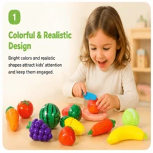 12PCS Children's Cutting Fruit And Vegetable Toy Set, Realistic Kitchen Role Play Toys, Montessori Educational Learning Toys, Role Playing, Develop Fine Motor Skills And Hand-Eye Coordination, Suitable For Boys And Girls 3 Years And Above As Birthday Gift - Multicolor - View 4