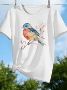 A Colorful Bird Perched On A Branch Symbolizes Freedom, Hope, And A Connection With Nature, Expressing Positive Energy And Serenity. A Modern, Comfortable, Casual Women's T-Shirt For Everyday Wear. - 白色 - 查看 1