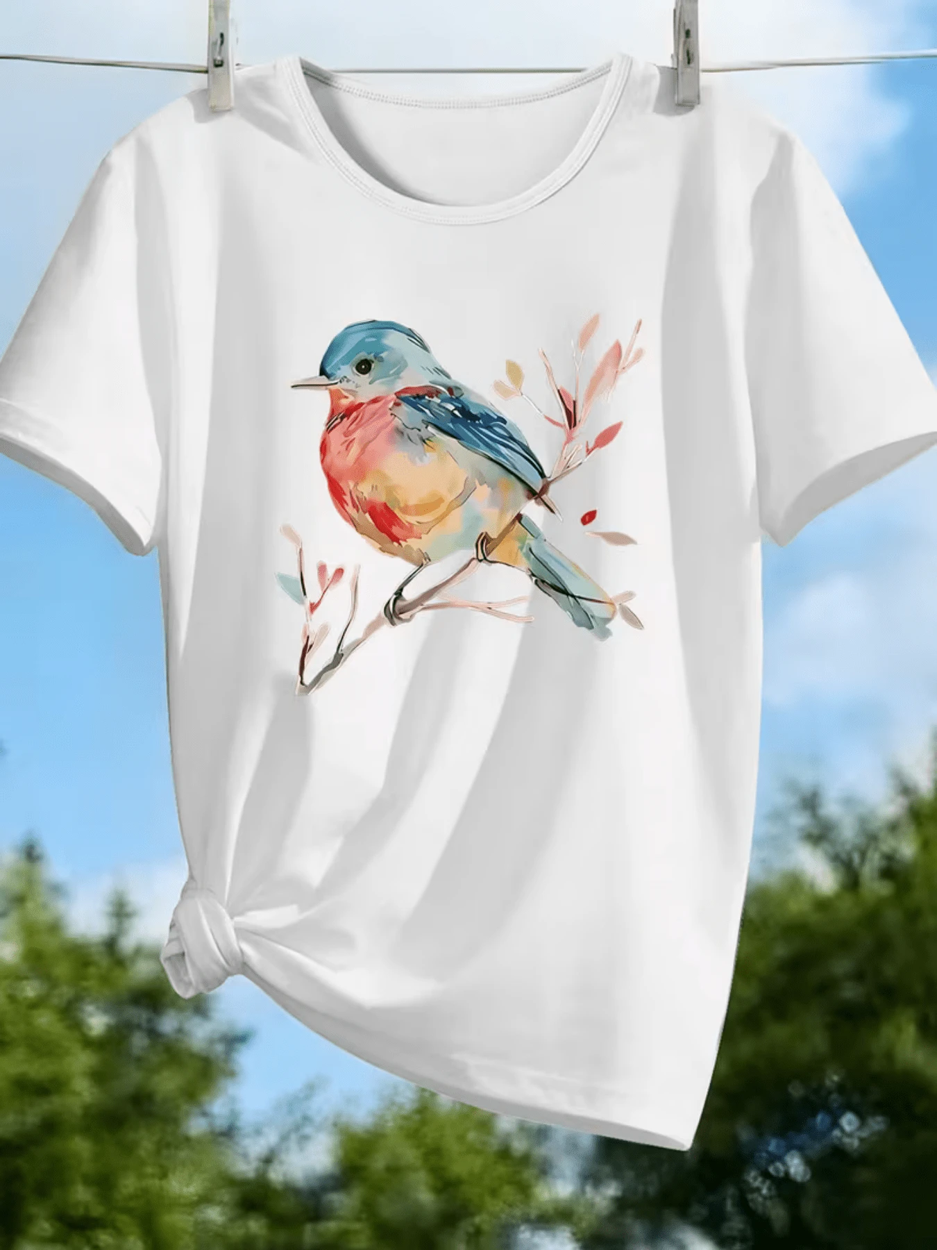 A Colorful Bird Perched On A Branch Symbolizes Freedom, Hope, And A Connection With Nature, Expressing Positive Energy And Serenity. A Modern, Comfortable, Casual Women's T-Shirt For Everyday Wear. - 白色 - 查看 1