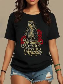 Spiritual Figure With Red Roses Symbolizing Faith, Hope, And Eternal Love, Conveying Protection And Comfort In Every Moment. Women's Casual, Modern, Comfortable T-Shirt Ideal For Everyday Wear. - Hitam - View 1