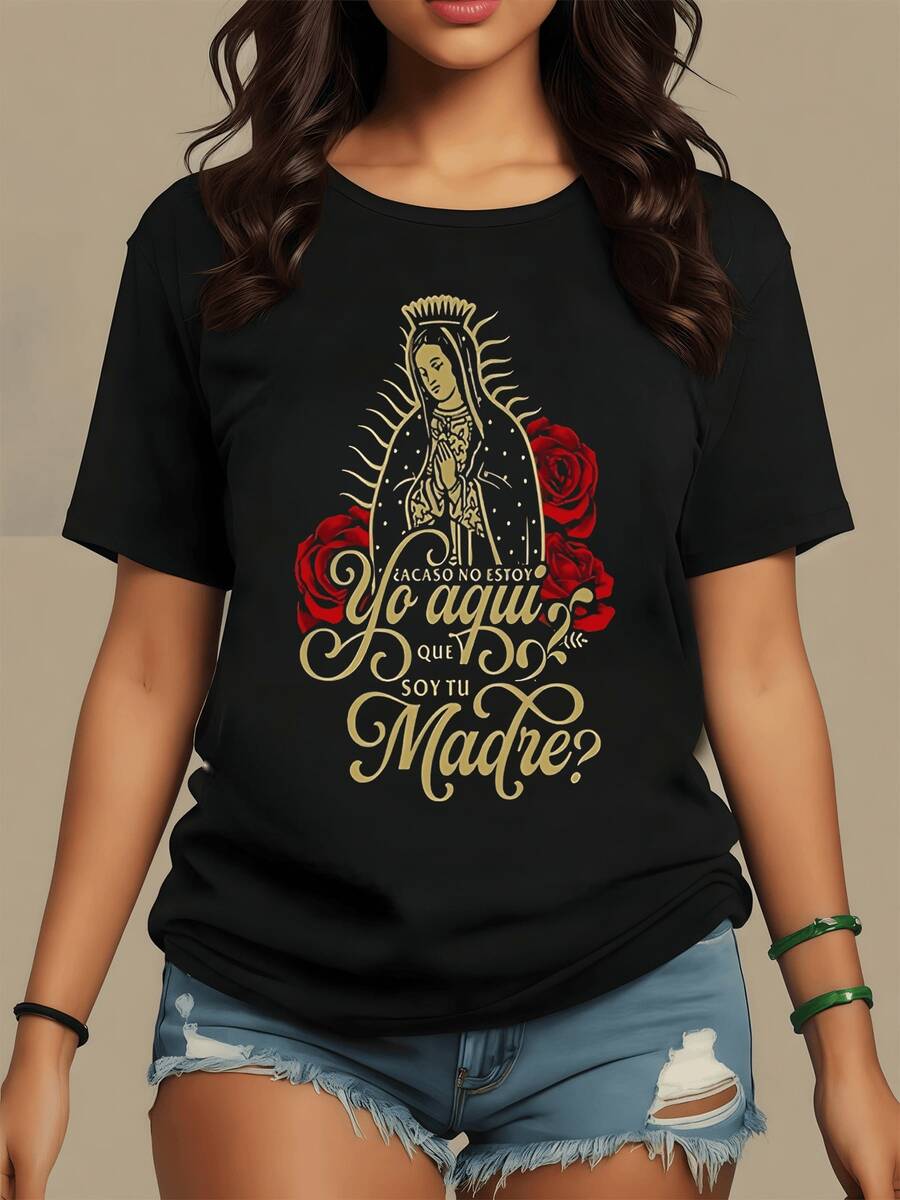 Spiritual Figure With Red Roses Symbolizing Faith, Hope, And Eternal Love, Conveying Protection And Comfort In Every Moment. Women's Casual, Modern, Comfortable T-Shirt Ideal For Everyday Wear. - Hitam - View 1