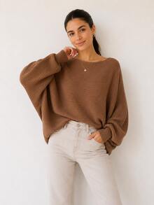 Women's Brown Knit Blouse With Batwing Sleeves, Oversized Ribbed, Elegant, Fashion Sweater - 棕色 - 查看 2