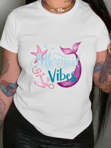 Pink Mermaid Tail Accompanied By A Starfish And An Anchor Symbolizing Ocean Freedom, Feminine Energy And Connection With Nature. Modern Casual Women's T-Shirt - 白色 - 查看 6
