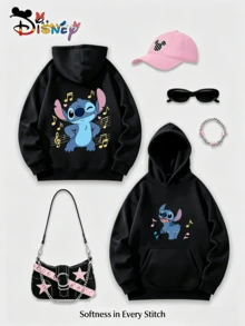 Disney Lilo & Stitch Y2K Print Sweatshirt, A Fun And Relaxed-Fit Top With A Stitch Print. A Casual And Versatile Choice, Perfect For Holiday Gifts. (Women's Autumn/Winter Clothing/Elegant Women's Outfits/Patterned Hoodies/Printed Tops/Casual Outfits For Women/Women Trending Now/Holiday Co-Ord/Plus Size Friendly) - 黑色 - 查看 1