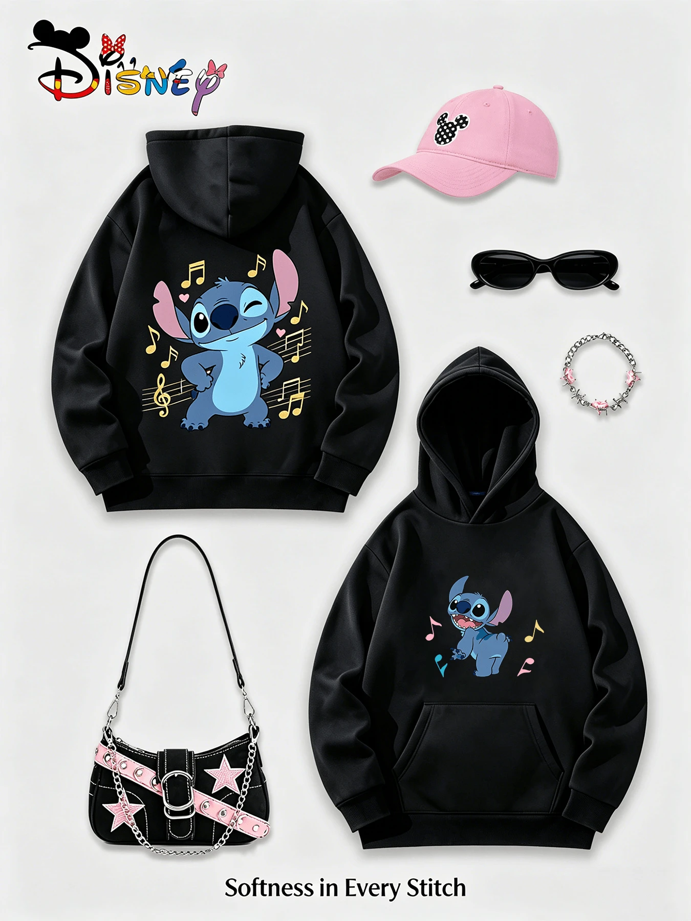 Disney Lilo & Stitch Y2K Print Sweatshirt, A Fun And Relaxed-Fit Top With A Stitch Print. A Casual And Versatile Choice, Perfect For Holiday Gifts. (Women's Autumn/Winter Clothing/Elegant Women's Outfits/Patterned Hoodies/Printed Tops/Casual Outfits For Women/Women Trending Now/Holiday Co-Ord/Plus Size Friendly) - 黑色 - 查看 1