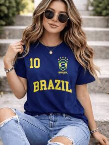 Women's Cotton T-Shirt, Brazil, Brazilian National Team, Shirt #10,  Of Arms, New Collection - Casual Fashion Style, Round Neck, Lightweight And Comfortable - 藏蓝色 - 查看 1
