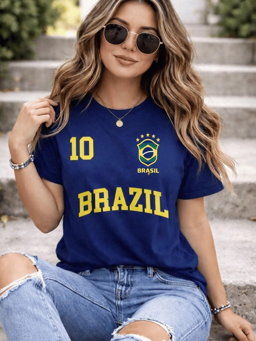 Women's Cotton T-Shirt, Brazil, Brazilian National Team, Shirt #10, Of Arms, New Collection - Casual Fashion Style, Round Neck, Lightweight And Comfortable - 藏蓝色 - 查看 1
