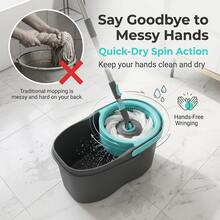Conjunto de cubo y trapeador giratorio 360°, sistema de limpieza compacto de un solo cubo, trapeador autoestrujador con mango de acero inoxidable y cabezal de microfibra, herramienta doméstica ahorradora de espacio (Gris/Verde azulado) - A - Ver 2