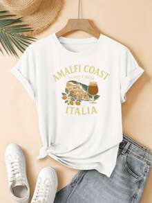 Italian Coastal Landscape With Golden Houses Among Green Hills, Fresh Lemons And A Glass Of Wine Evoking The Calm Of Sunset And The Joy Of Living. Comfortable Casual Women's T-Shirt For Summer - 白色 - 查看 6