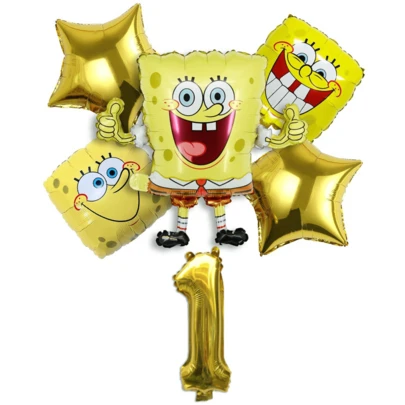 SpongeBob SquarePants 主题生日气球套装，铝箔气球，可选数字1-9，黄色和金色卡通派对用品，儿童生日装饰