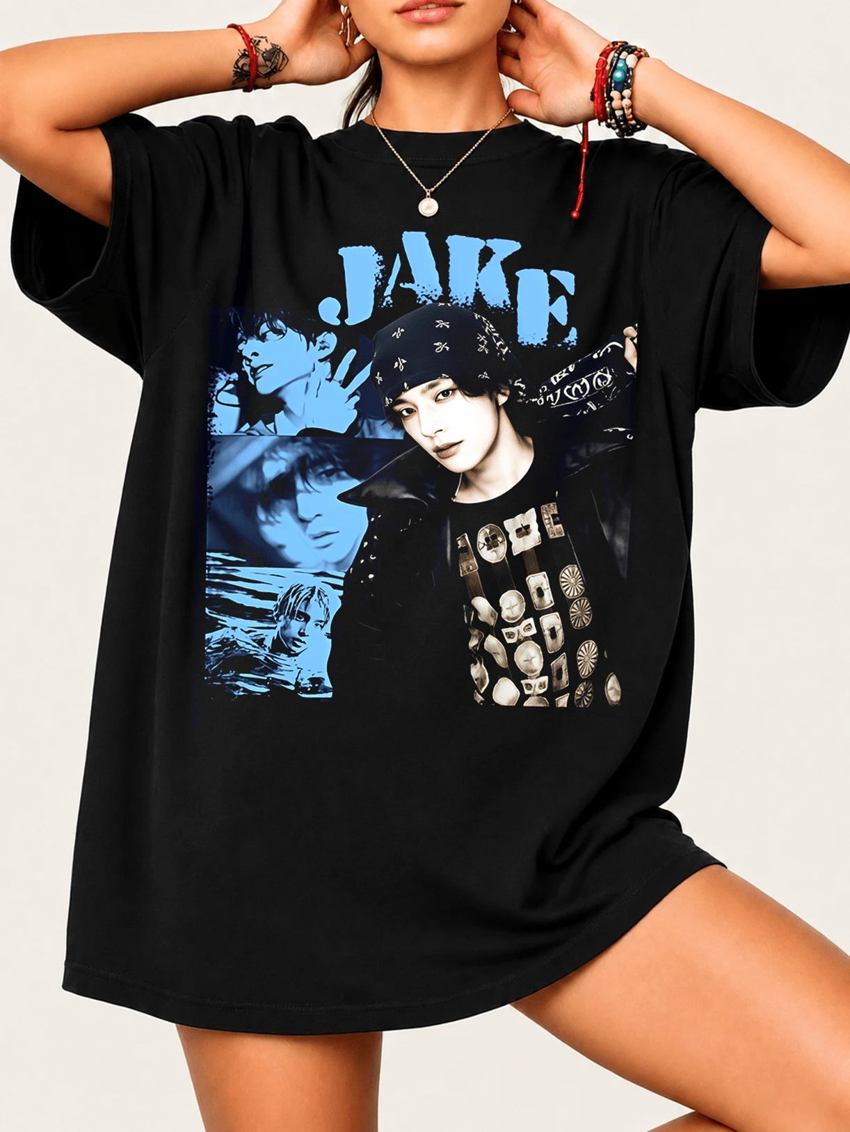 Jakee ENHYPENn T-Shirt For ENGENEe Featuring A Collage Of His Iconic Looks, 100% Cotton, Unisex - Black - View 1
