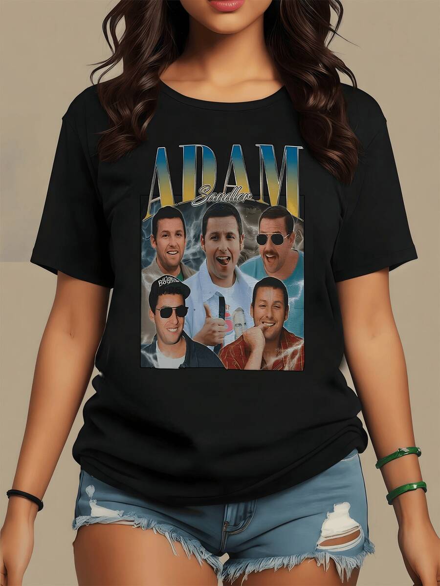 Retrato artístico que representa momentos divertidos de la vida moderna con tonos azulados y dorados transmitiendo energía juvenil y buen humor camiseta de mujer casual cómoda para uso diario - Negro - Ver 1