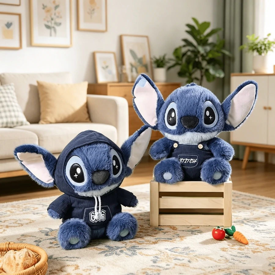 Miniso Stitch 毛絨娃娃 可愛動漫填充玩偶 穿著吊帶褲連帽衛衣聖誕生日禮物 男孩女孩適用 家居房間裝飾配件 抱枕 - 藍色 - 查看 1