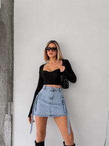 Women's Cargo Pocket Denim Mini Skirt, Solid Color Cute Zipper Button Beach Skirt - Light Wash - View 4