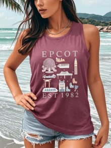 EPCOT EST 1982 Theme Park Print Tank Top For Women, Retro Graphic Loose Fit Sleeveless Vest Casual Summer Vacation Streetwear Top. - 玫紅色 - 查看 6