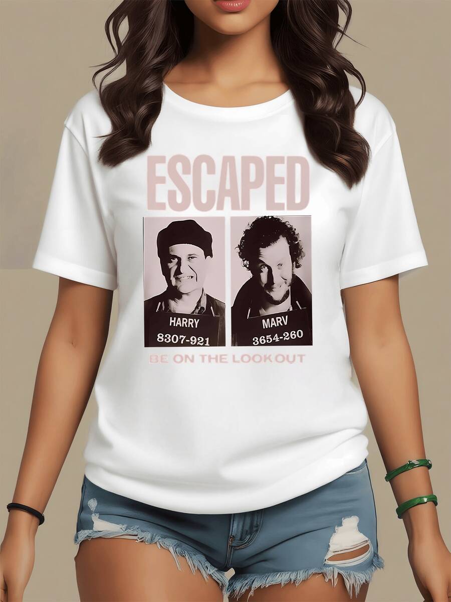 Artistic Portrait Of Two Sought-After Figures With A Humorous Message Evoking Freedom And Challenge For Bold Spirits; Modern Casual Women's T-Shirt Ideal For Everyday Wear - 白色 - 查看 1