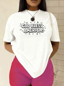 Frases patrióticas que expresan fe unidad y orgullo nacional en un texto alegre con símbolos optimistas alrededor camiseta de mujer casual blanca cómoda para uso diario - Blanco - Ver 1