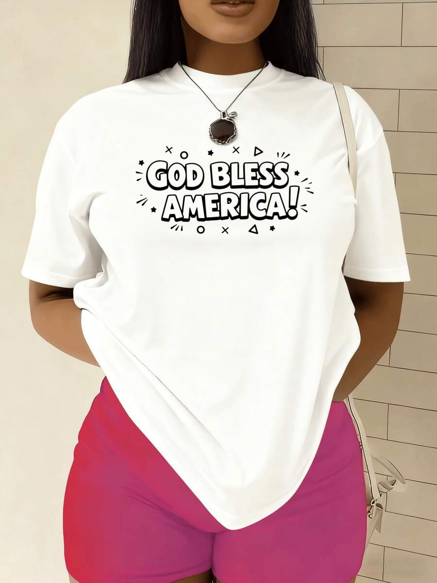 Frases patrióticas que expresan fe unidad y orgullo nacional en un texto alegre con símbolos optimistas alrededor camiseta de mujer casual blanca cómoda para uso diario - Blanco - Ver 1