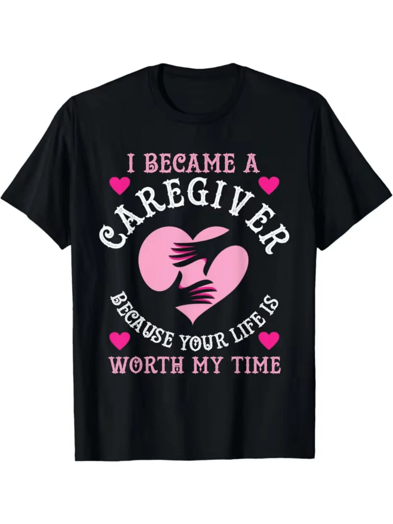 Corazón formado por manos rosadas que simbolizan el cariño la entrega y el apoyo hacia los demás con mensaje que inspira empatía y dedicación camiseta de mujer cómoda para uso diario y ocasiones casuales - Negro - Ver 1