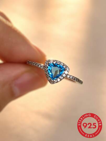 1 Stück S925 Sterling Silber Ring mit eingelassenen funkelnden kubischen Zirkonia in Türkisblau, eleganter Qualitätsschmuck für Frauen, geeignet für den täglichen Gebrauch und Partys, Geschenk für den Liebsten