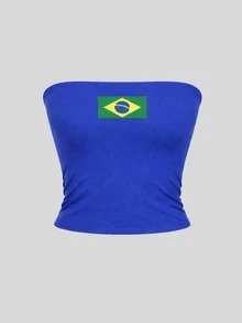 Women's Cropped Tube Top BRAZIL EMBROIDERED 6X4 Or World Cup Colors Double Layer Of Supplex Slim Fit Strapless - Aul bic (CÓ THÊU) - Xem 6