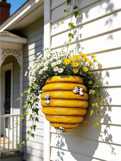 2/1pc Honeycomb Wall Hanging Planter, Cute Bee Sculpture Decor Planter, Outdoor Hanging Planter Suitable For Garden, Yard, Balcony, Patio, Home Wall Decor, Unique Bee Sculpture Planter For Succulents, Fresh Flowers, Herbs, Rustic Farmhouse Style Indoor And Outdoor Decor