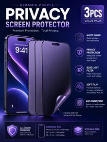 适用于 17 Pro Max 的磨砂隐私屏幕保护膜，采用柔韧涂层，具备三合一功能（磨砂/防窥/防蓝光），实现全屏覆盖，防指纹，无气泡，易于安装。兼容 16 Pro Max/13 Pro/14 Pro/15/14/13/12/11/17e/16 Plus 系列手机配件。 - 黑色 - 查看 25