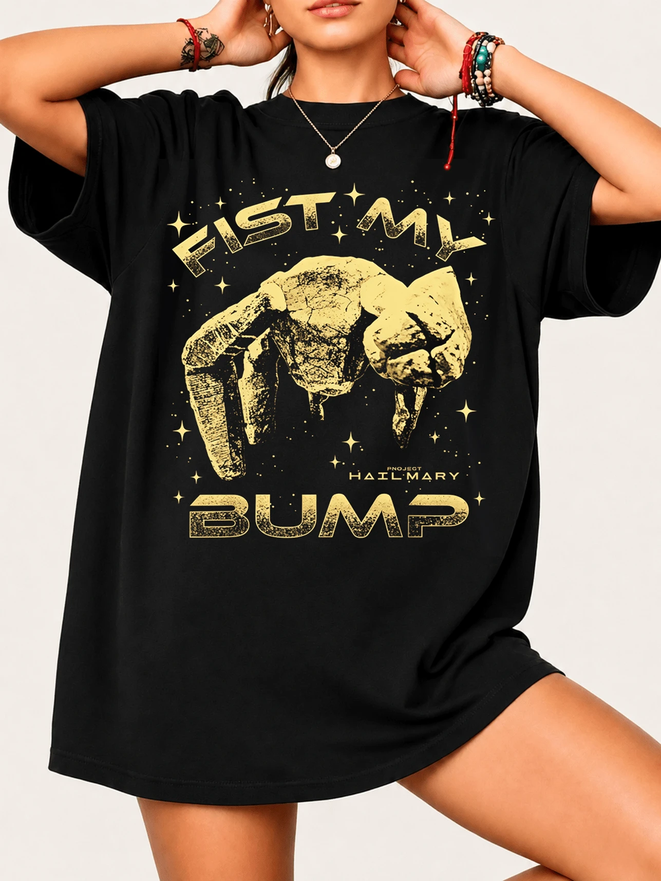 Project Hail Marys Fist My Bump T-Shirt, Gold Science-Fiction Style, 100% Cotton, Unisex - Black - View 1