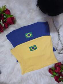 Women's Cropped Tube Top BRAZIL EMBROIDERED 6X4 Or World Cup Colors Double Layer Of Supplex Slim Fit Strapless - Aul bic (CÓ THÊU) - Xem 2