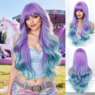 Elegant Ombre Purple To Blue Gradient Long Wavy Beginners Feirndly Wig With Bangs - High-Density Heat-Resistant And High-Temperature Fiber, Perfect For Women Daily Wear, Vacation, Christmas, Photoshoots, Cosplay, Parties, Music Festivals, Birthday