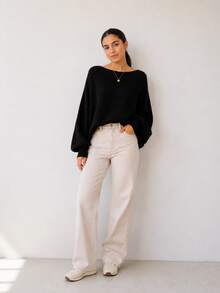 Women's Black Knit Blouse With Batwing Sleeves, Oversized Ribbed Knit Sweater, Loose Fit, Casual Fashion - màu đen - Xem 2