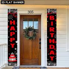 Fondo de banner de fiesta de cumpleaños en 2D, decoración de puerta con tema de cumpleaños, fondo negro con prominente texto rojo "Feliz Cumpleaños", incluye pastel, fuegos artificiales, estrellas, caja de regalo, banderines, hecho de material de poliéster, sin fuente de alimentación requerida - 1PC - Ver 4