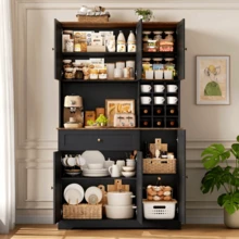 Küchenschrank 180cm Buffetschrank mit Sideboard für Küche mit Küchenschrank mit Arbeitsplatte & Weinregal für 12 Flaschen Küchenbuffet Küchenmöbel 180x100x39cm Schwarz - Schwarz - Übersicht 7