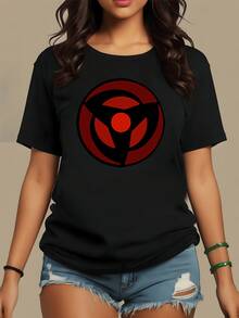 Circular Reddish Symbol Representing Inner Energy And Spiritual Strength With Three Points Evoking Eternal Movement And Perfect Balance. Comfortable, Modern, And Casual Women's T-Shirt For Everyday Wear. - 黑色 - 查看 1