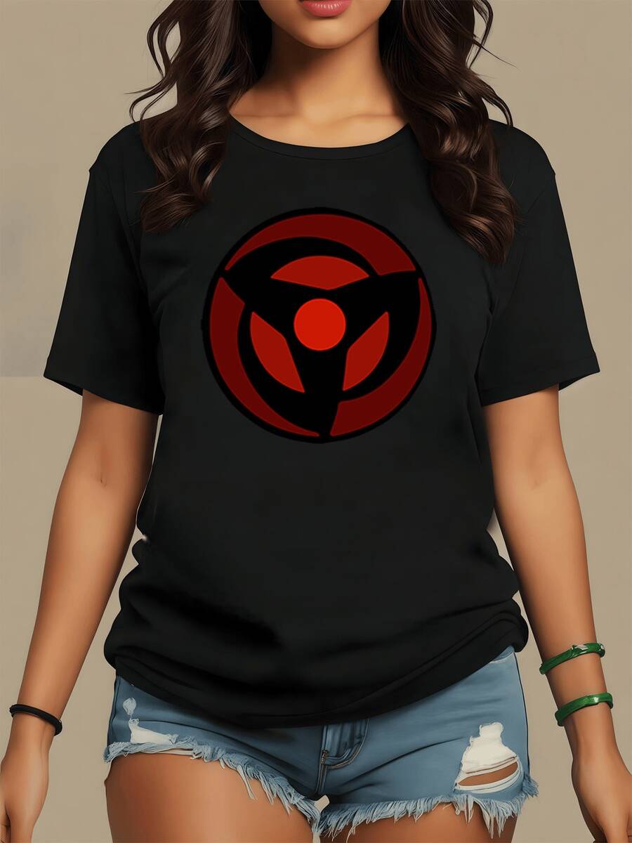 Circular Reddish Symbol Representing Inner Energy And Spiritual Strength With Three Points Evoking Eternal Movement And Perfect Balance. Comfortable, Modern, And Casual Women's T-Shirt For Everyday Wear. - 黑色 - 查看 1