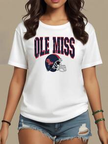 Football Helmet With Sports Lettering That Evokes Passion For The Game, Strength And Competitive Spirit; Modern Casual Women's T-Shirt, Comfortable For Everyday Wear - 白色 - 查看 1