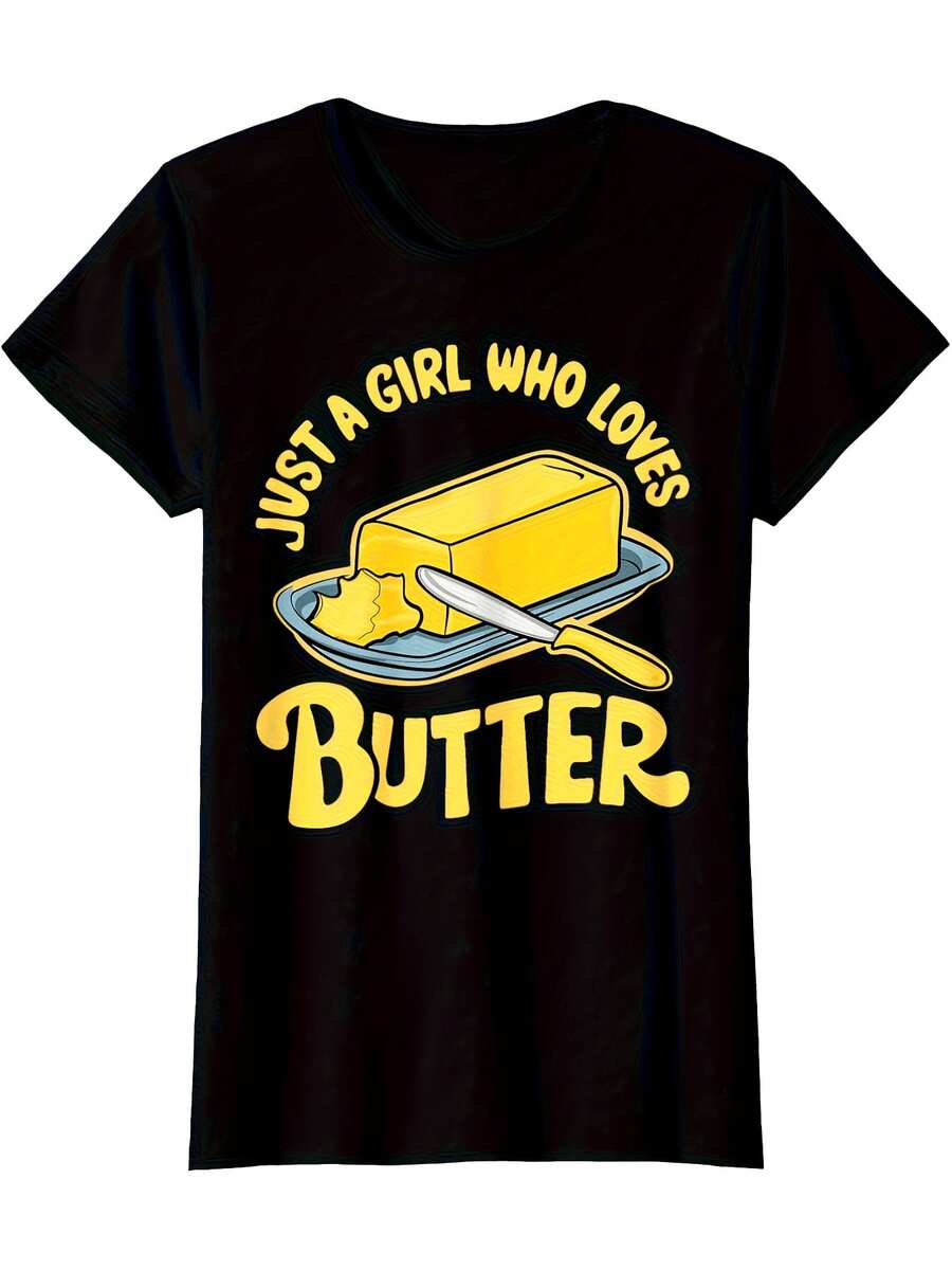 Camiseta Gráfica "Just a Who Loves Butter" - 220GSM 100% Algodón, Camiseta Retro Unisex con Estampado de Mantequilla en Negro y Amarillo, Camiseta de Manga Corta con Cuello Redondo, Suave y Transpirable para Hombres y Mujeres, Ropa Casual. - Negro - Ver 1