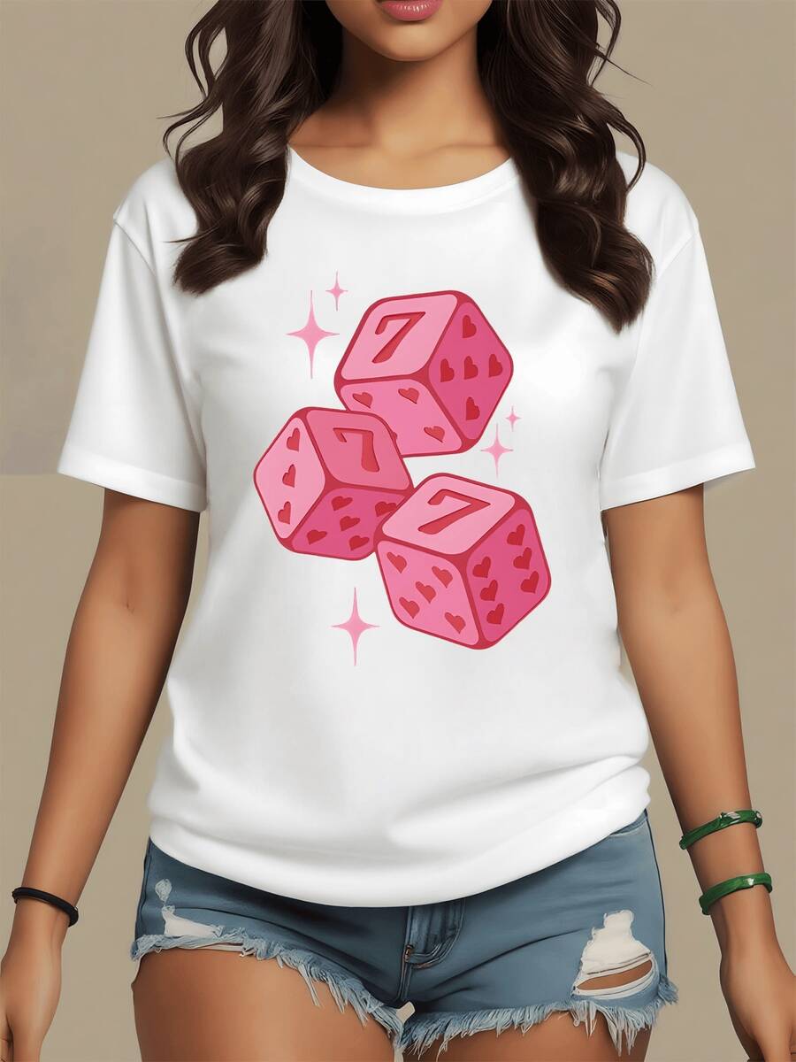 Three Pink Dice With Hearts And The Number Seven Symbolize Luck In Love And The Joy Of Living. Modern And Casual Women's T-Shirt For Everyday Wear - 白色 - 查看 1