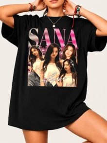 Sanas TWICEs bootleg-t-shirt i klarrosa, 100 % bomull, unisex - Svart - Visa 1
