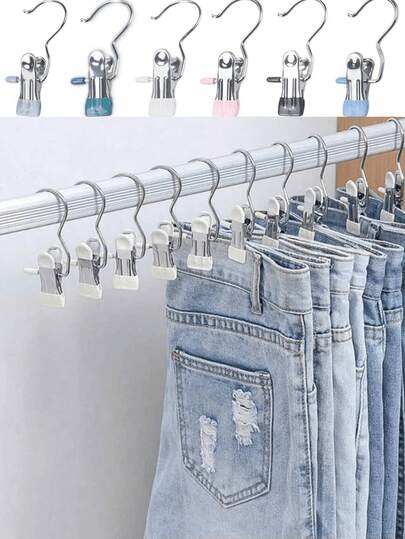 مشابك ملابس عالية الجودة من الفولاذ المقاوم للصدأ، رف بنطلون معدني قابل للتعديل مع مشابك، مشابك غسيل مع خطافات، مشابك معلقة محمولة للملابس والبنطلونات والتنانير والديكور، ربيع، بسيطة، أعلى صيفية
