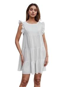 Women Fashion Ruffle Sleeve Solid Color Dress Stylish Dress for Shopping Daily Wear - Blanco - Ver 2