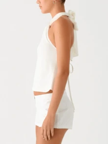 Women's Summer Halter Tank Tops Sleeveless Backless Bow Tie Up Cropped Vest Slim Fit Casual Streetwear Party Going Out Tops - White - View 3