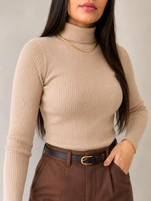 Women's Plush Ribbed Blouse Long Sleeve High Neck Basic Casual Modern Thermic Black S,M,L,XL - 米色 - 查看 2