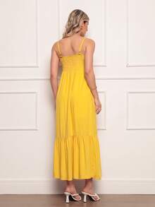 Elegant Women's Long Dress In Viscose Linen With Built-In Bra, Lining, Adjustable Straps And Front Buttons - Yellow - View 2