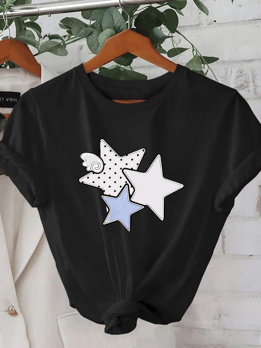 Three Cheerful Stars Symbolize Hope, Dreams, And Unity, Highlighting Soft Lines And Light Tones That Evoke Calm And Positive Energy. A Modern, Casual Women's T-Shirt For Everyday Wear. - 黑色 - 查看 1