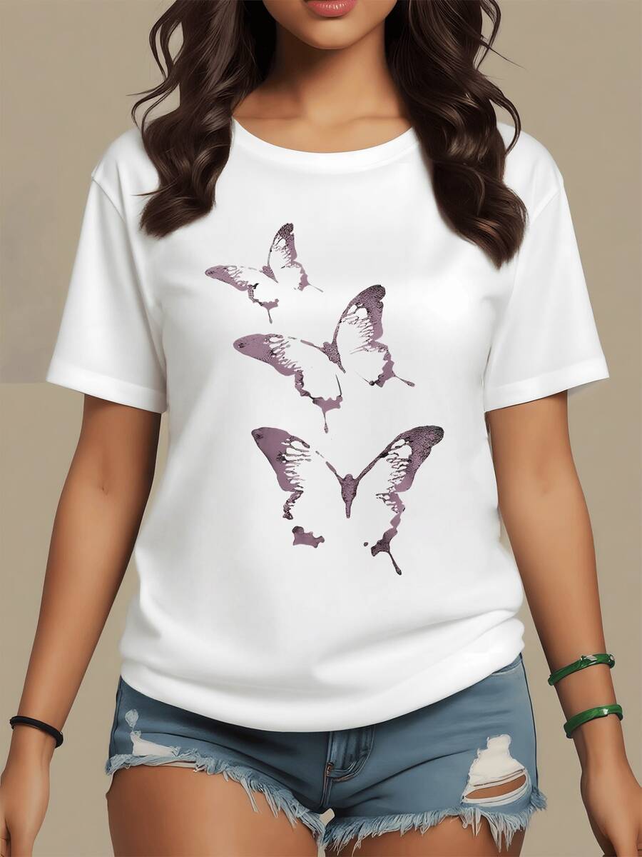 Butterflies In Lavender Tones Representing Freedom, Rebirth, And The Ephemeral Beauty Of The Soul In Flight. Modern Casual Women's T-Shirt Ideal For Everyday Wear. - 白色 - 查看 1