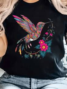 Camisa Casual para Mujer con Estampado de Colibrí y Flores - Cómoda, Cuello Redondo, Manga Corta - Ideal para Otoño - Negro - Ver 4