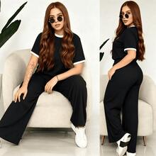 Comfort And Style In One Outfit! Upgrade Your Look With Our 2-Piece Set: A Ribbed Top And Super Comfortable Pants. Available In Various Colors. Women's 2-Piece Casual Set: Short-Sleeve Crew Neck Top And High-Waisted Loose Wide-Leg Pants - Ribbed Textured Loungewear Set For Summer And Yoga - 黑色 - 查看 4